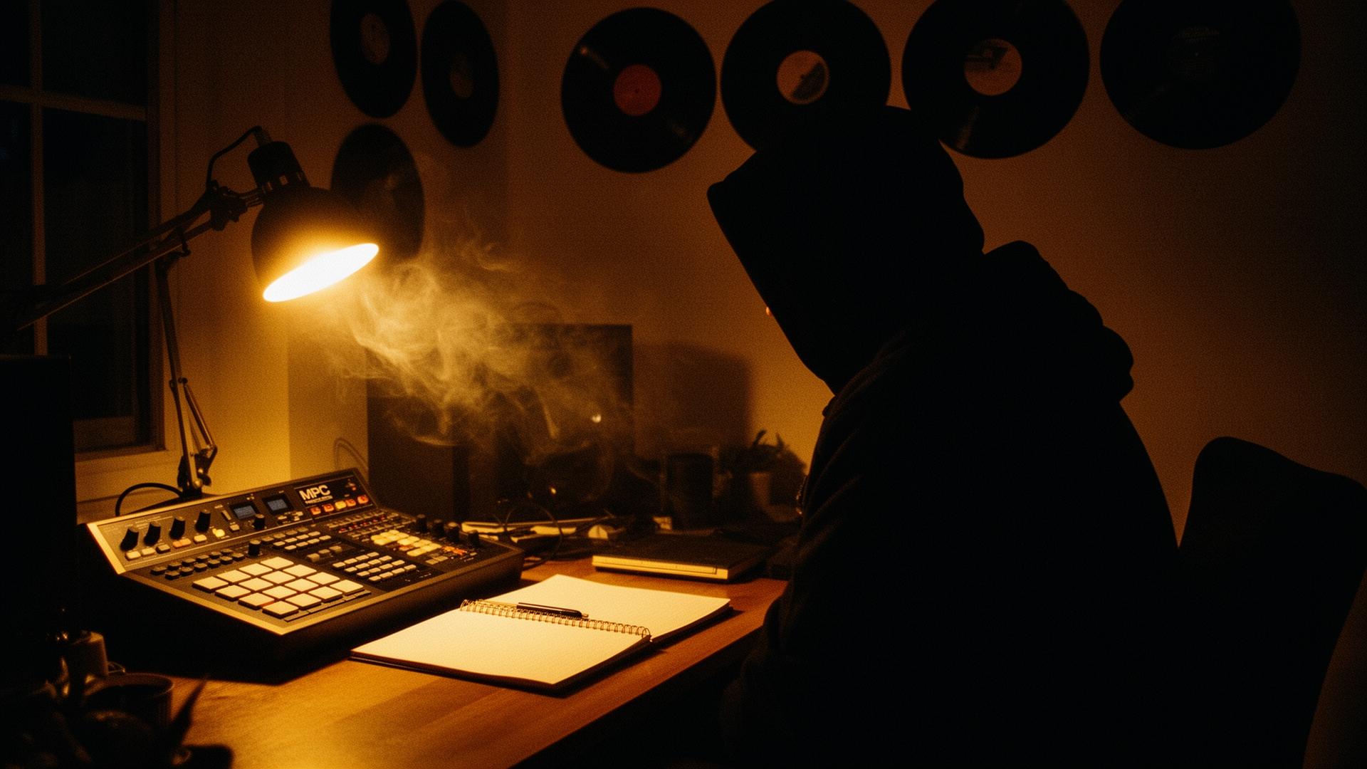 Slovenski avtor v domačem studiu, topla luč nad MPC samplerjem in zvezkom